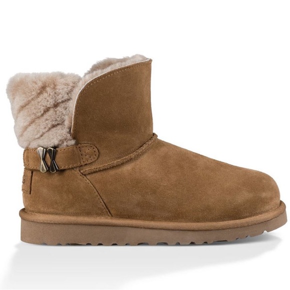 Ugg Adria Fur Lined Ankle Boot Buckle Women Size 9 Suede Chestnut - Picture 1 of 8